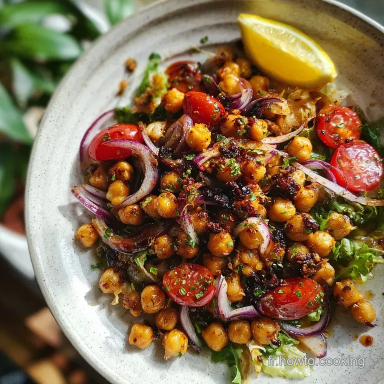 A vibrant salad of crispy chickpeas, tuna, and herbs attractively arranged on a plate, hinting at delightful crunch and sa...