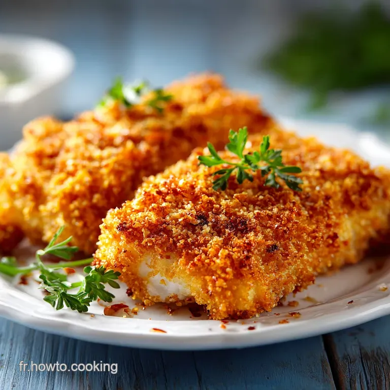 Perfectly golden fish with a light crust is artfully plated with lemon wedges and parsley sprigs, inviting a first bite.