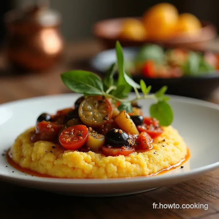 Polenta Taragna Crémeuse Sauce Légumes du Soleil et Olives presentation