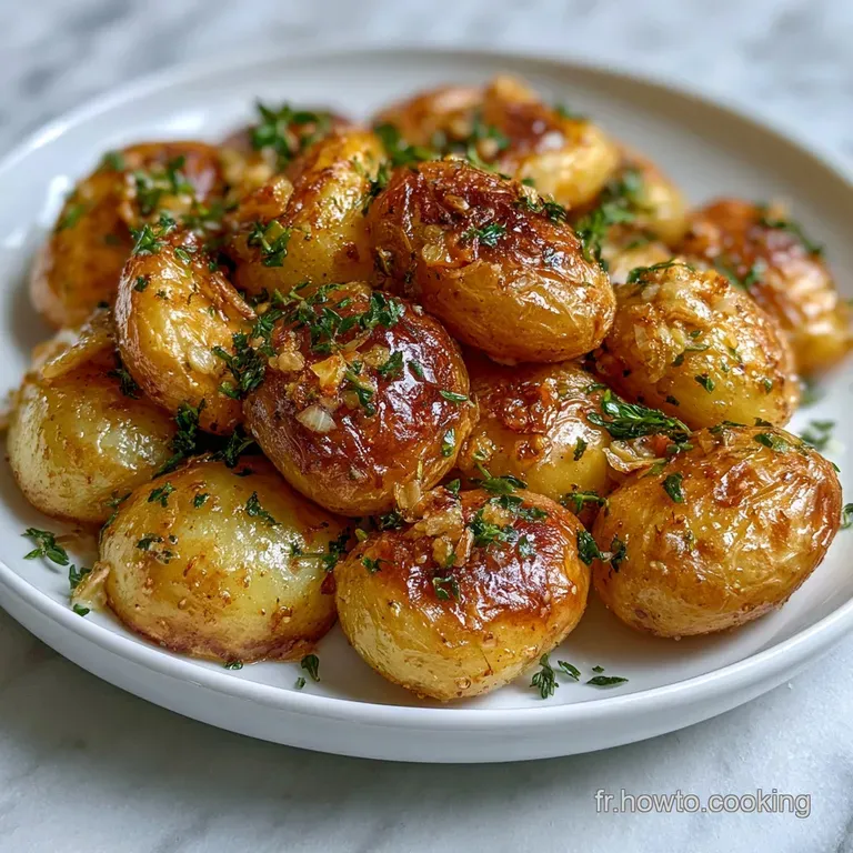 Quelques pommes de terre rissol&eacute;es et fondantes, napp&eacute;es de beurre brillant, dispos&eacute;es avec soin sur une assiette blanche.