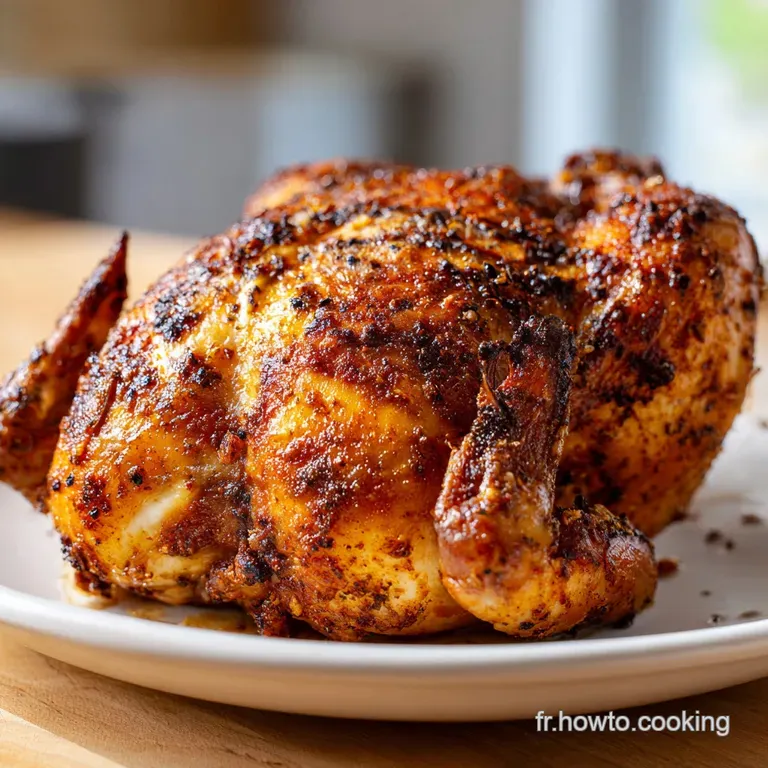 Roasted chicken on a platter, garnished with herbs and lemon wedges. Crispy, browned skin contrasts with bright herbs, inv...