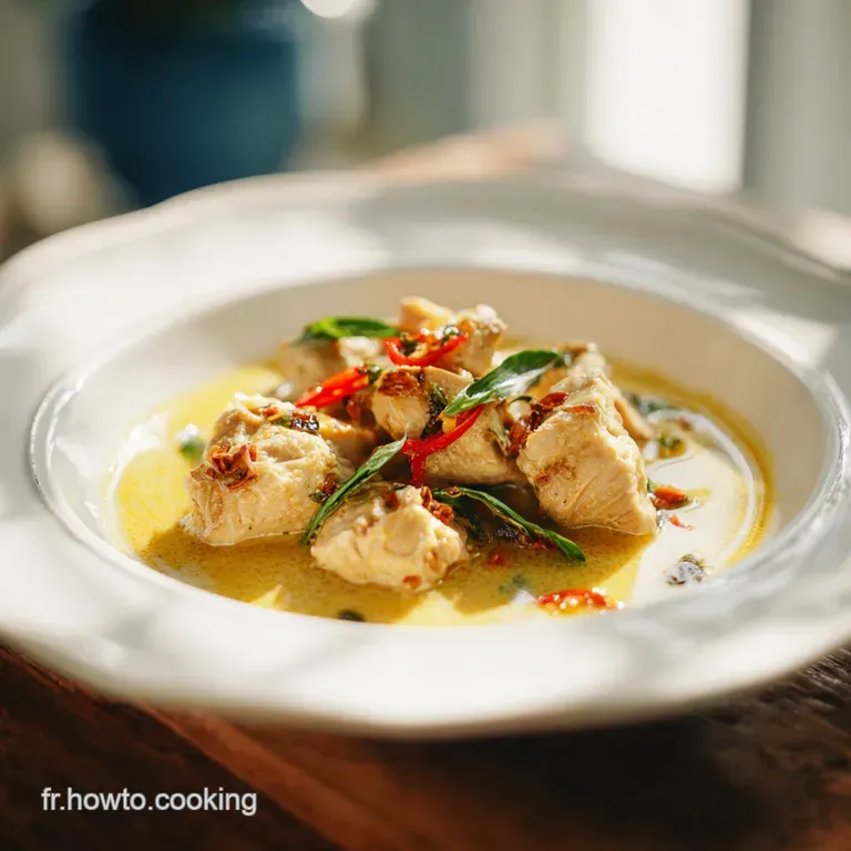 Elegant plate featuring tender chicken in a coconut milk bath; steam rising, herbs adding brightness. Visually inviting!
