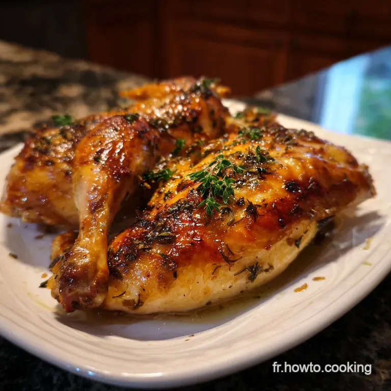 Silky, ivory sauce artfully drizzled over seared poultry. Garnished with a sprig of fresh herbs, offering a refined, elega...