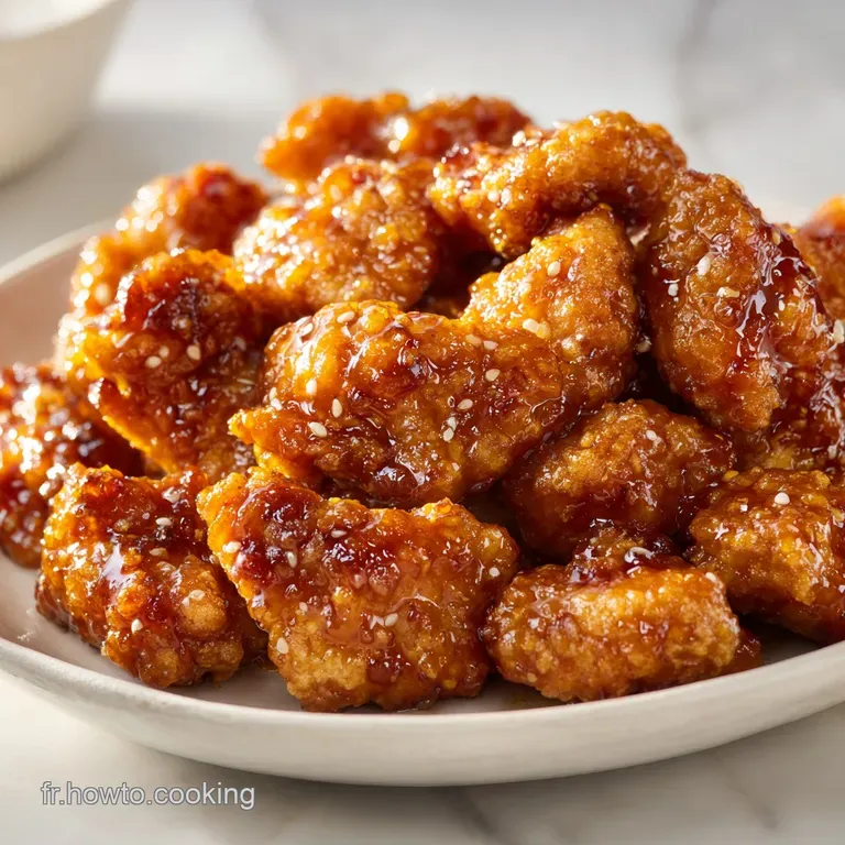 Crispy glazed chicken pieces neatly arranged over fluffy white rice with vibrant sliced green onions on top.