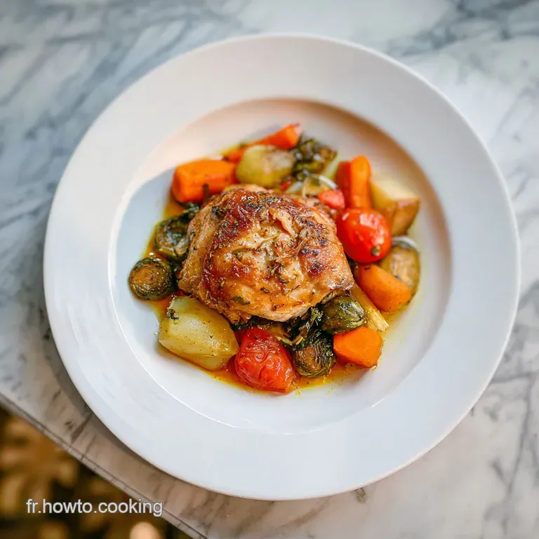 Plated chicken and veggies: glistening carrots, herbs sprinkled on tender chicken, and caramelized onion wedges highlight ...