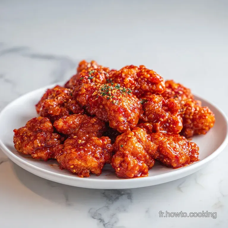 Crispy red-glazed chicken pieces stacked neatly on a white ceramic plate with a side of pickled radishes.