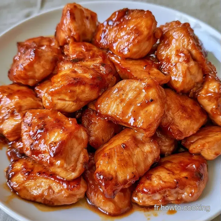 Morceaux de poulet dispos&eacute;s avec &eacute;l&eacute;gance sur une assiette blanche, sauce sirupeuse qui brille sous la lumi&egrave;re.