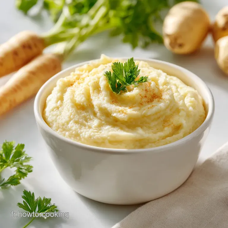 Elegant plate of smooth parsnip puree with a drizzle of olive oil and a sprinkle of herbs, capturing a restaurant-worthy m...