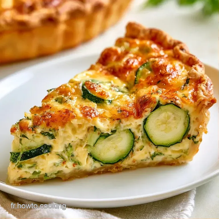 Une part de tarte dor&eacute;e pos&eacute;e sur une assiette blanche, accompagn&eacute;e de jeunes pousses vertes et d'une texture onctueuse.