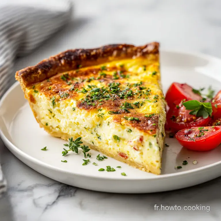 A perfect slice of quiche lorraine with browned top, presented on a white plate. Crispy crust and creamy filling are on di...