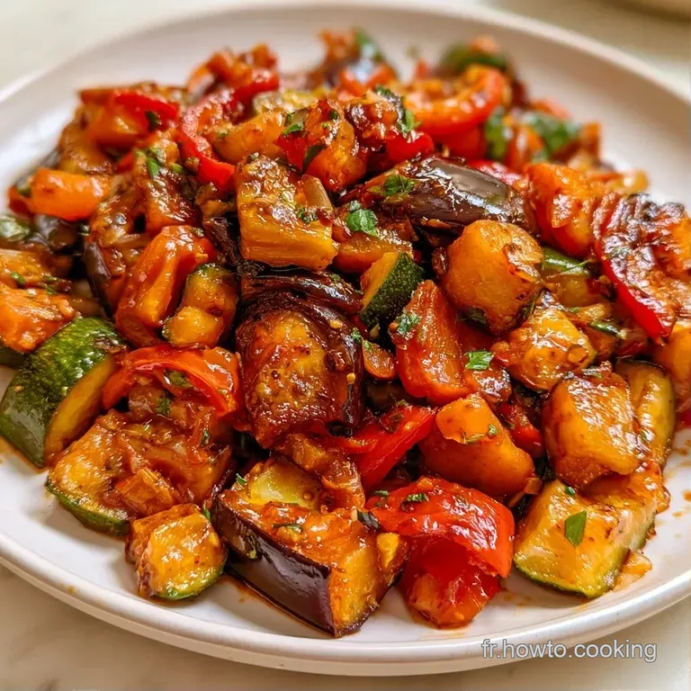 L&eacute;gumes mijot&eacute;s dispos&eacute;s avec soin dans une assiette blanche, surmont&eacute;s d'une feuille de basilic vert frais et brillant.