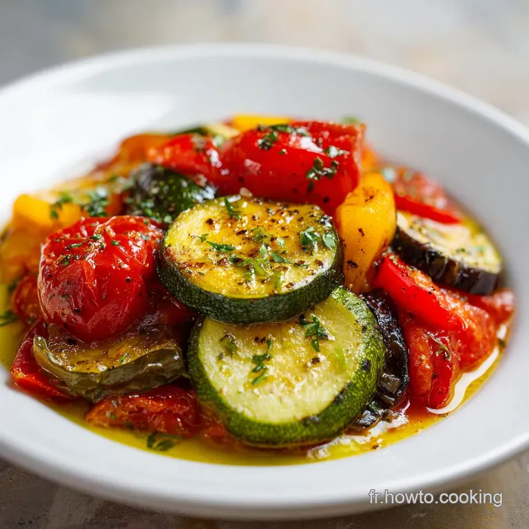 Elegant ratatouille plating: layered vegetables glistening with olive oil, fresh basil garnish. A colorful, flavorful veg...