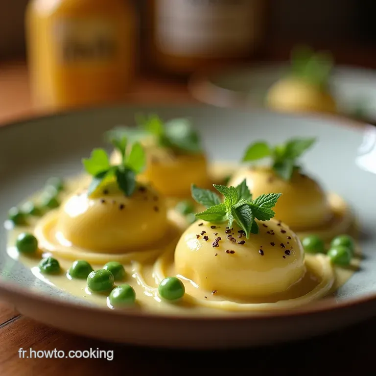 Ravioles Légères du Printemps Vapeur de Pousses Vertes et sa Crème de Petits Pois Mentholée presentation