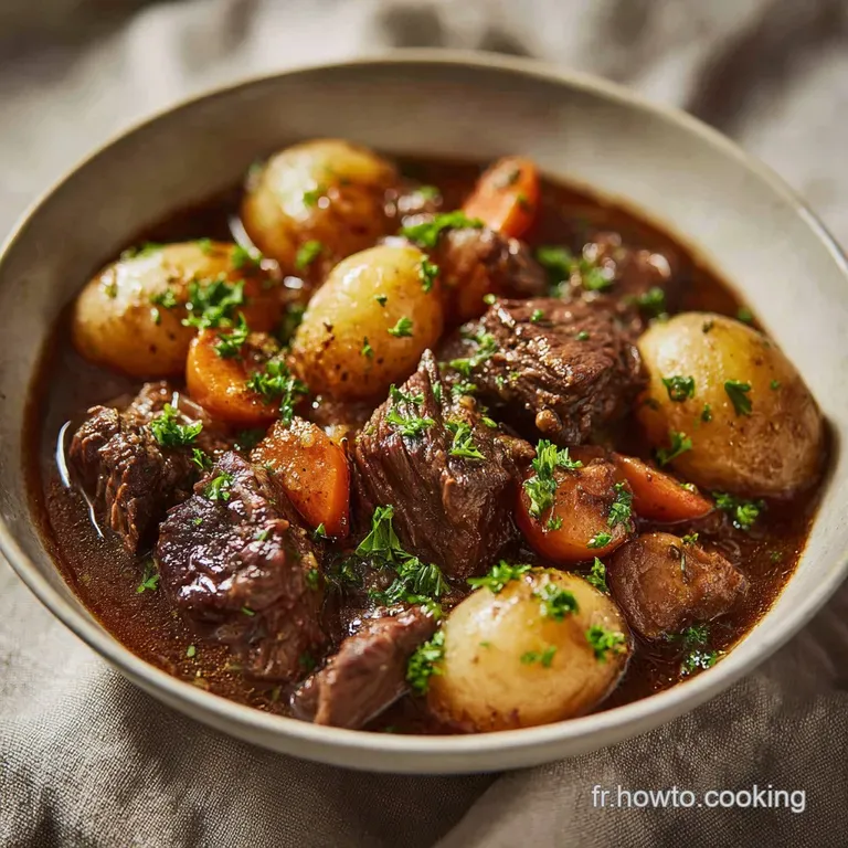 Deep red wine-braised beef, carrots, and pearl onions served in a rustic bowl, garnished with fresh parsley sprigs.
