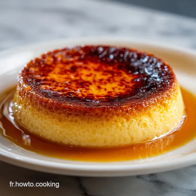 Slice of creamy flan parisien, resting on a white plate, its custard filling glistening under the light, hints of vanilla ...