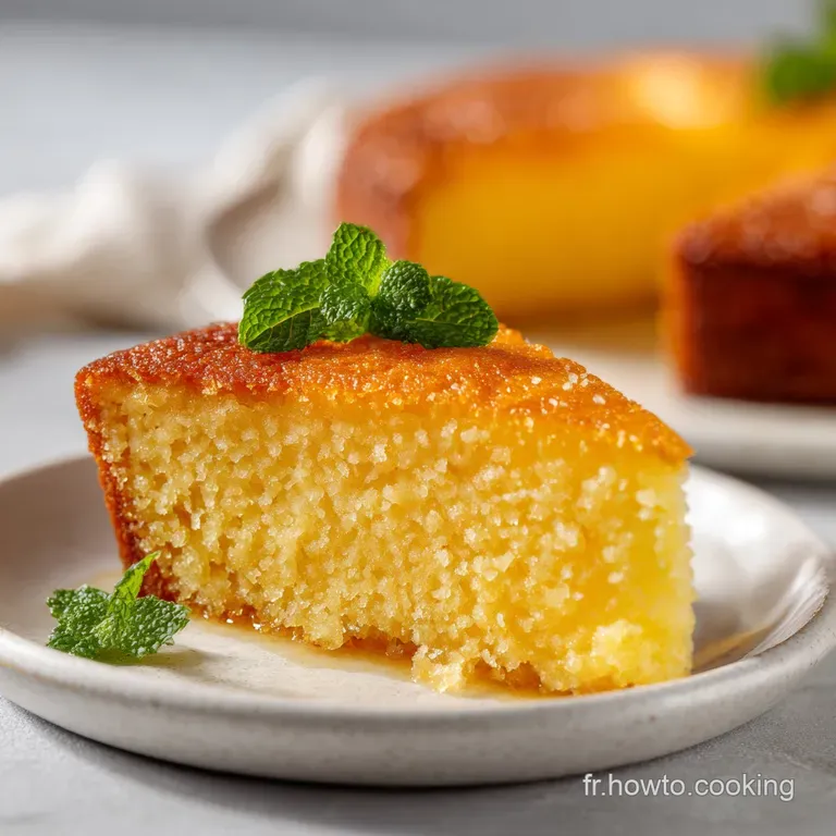 A slice of fluffy semolina cake, warm and glistening, served with a dollop of soft cream.