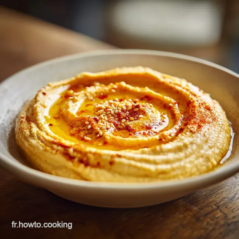 Smooth, light hummus spread elegantly on a plate, topped with herbs and spices, alongside warm pita bread for dipping and ...