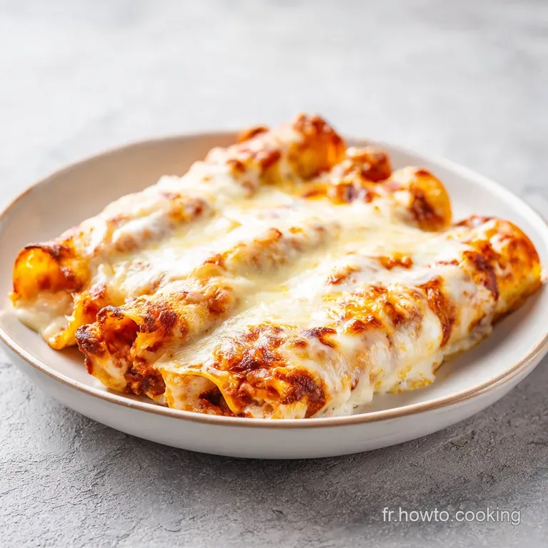Trois cylindres de p&acirc;tes napp&eacute;s de sauce onctueuse sur une assiette blanche, parsem&eacute;s de parmesan r&acirc;p&eacute; et d'herbes.