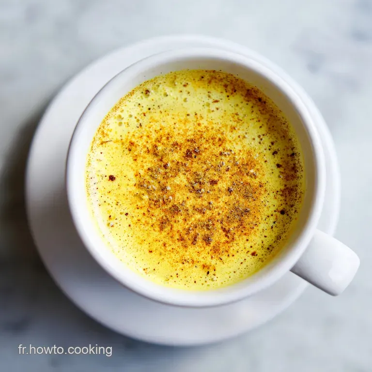 A steaming mug of golden milk, garnished with a cinnamon stick, rests on a rustic wooden table with spices scattered around.