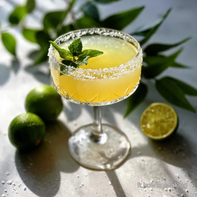 Elegant margarita served in a classic glass with coarse salt, garnished with a juicy lime wheel. Condensation shows how co...