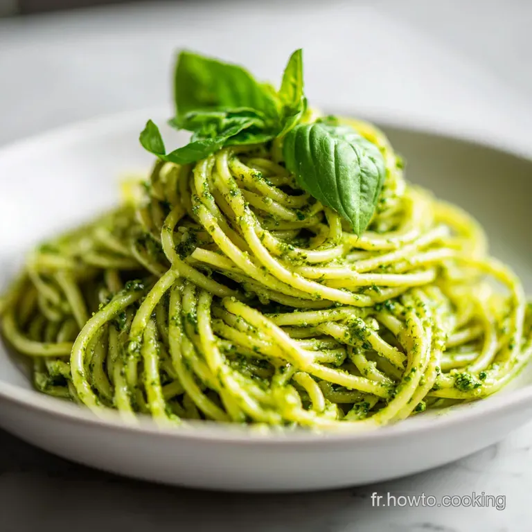 Perfectly twirled pesto pasta on a white plate, garnished with fresh basil leaves and a sprinkle of parmesan. Light and in...