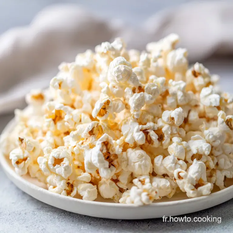 Elegant mound of shiny, sugary popcorn on a white plate. Loose kernels scattered around show the treat's inviting texture.