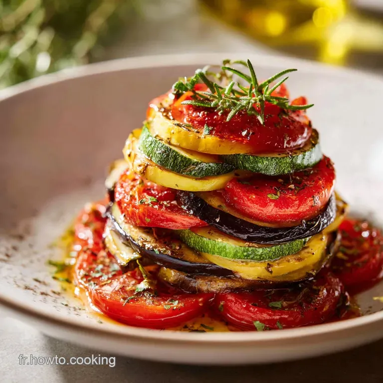 Artfully arranged ratatouille showcasing colorful layers of tender vegetables. Drizzled olive oil adds sheen and fresh her...