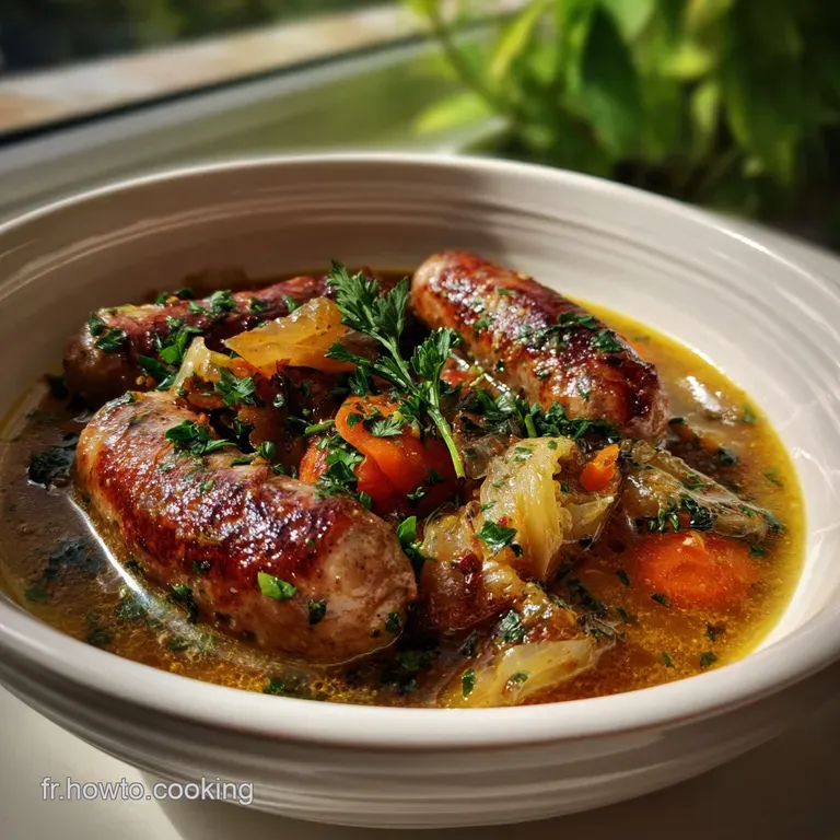 Plated sausage rougail: glistening red sauce coats plump sausage slices alongside fluffy white rice; vibrant, rustic Creol...
