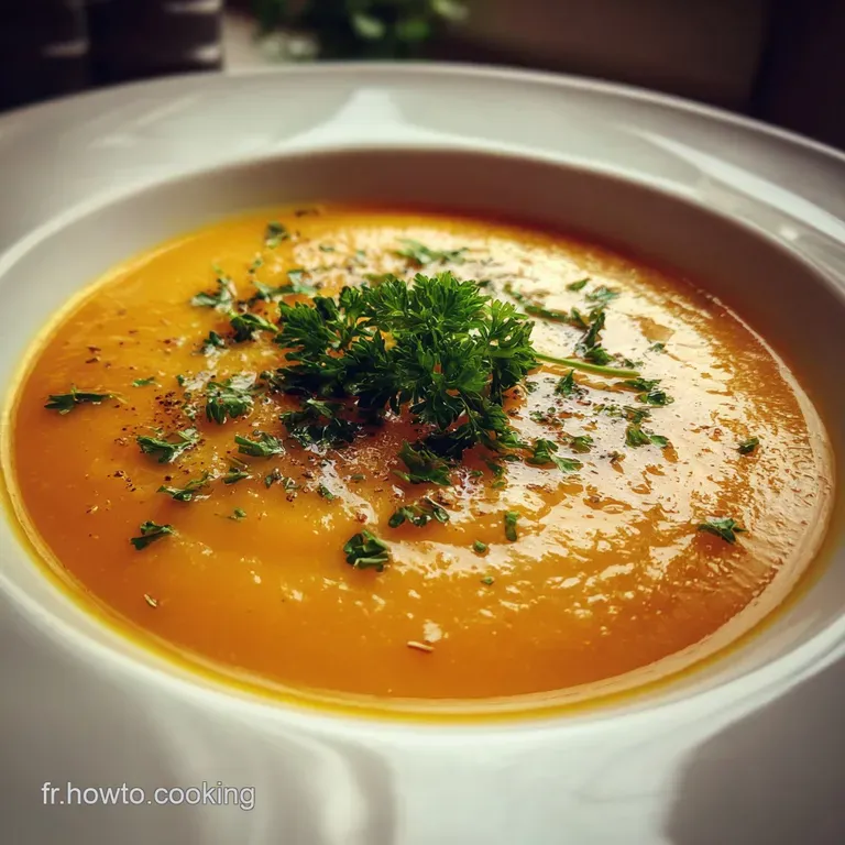 A delicate swirl of cream adorns a bowl of smooth, light-colored soup, garnished with fresh herbs, elegantly presented on ...
