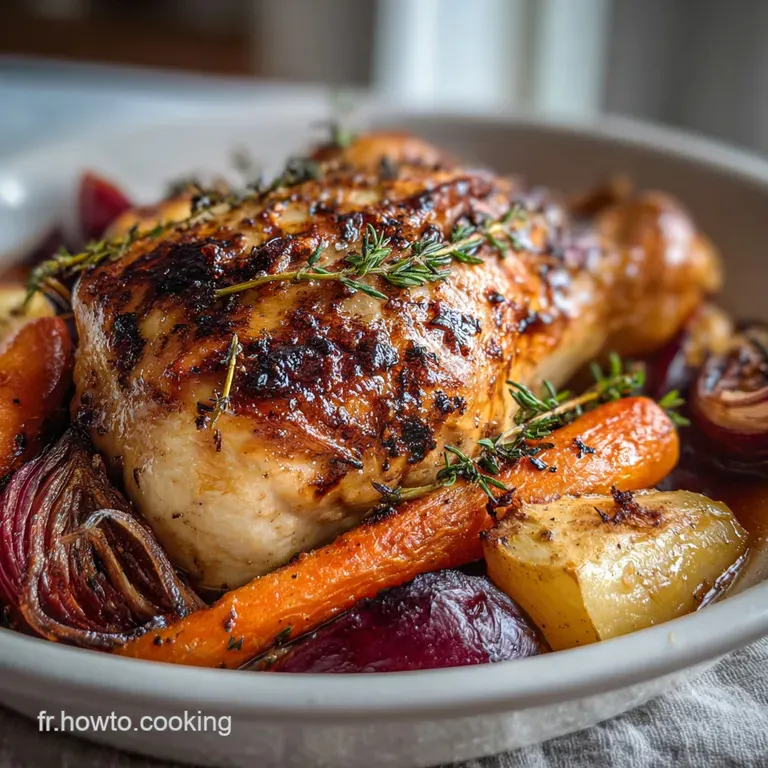 Elegant plate of roasted chicken with glazed carrots, crispy potatoes, and fresh herbs, showcasing a delightful mix of tex...