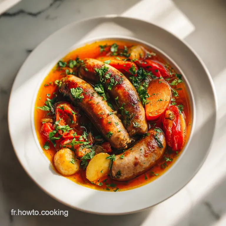 Plated rougail saucisses with fluffy white rice. The spicy sauce glistens against the bright parsley garnish.