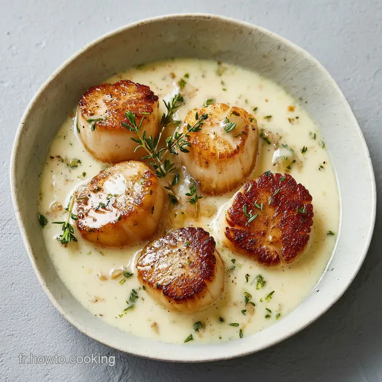 Assiette blanche &eacute;pur&eacute;e avec des m&eacute;daillons caram&eacute;lis&eacute;s napp&eacute;s d'un velout&eacute; cr&egrave;me jaune p&acirc;le et quelques brins de ciboulette.