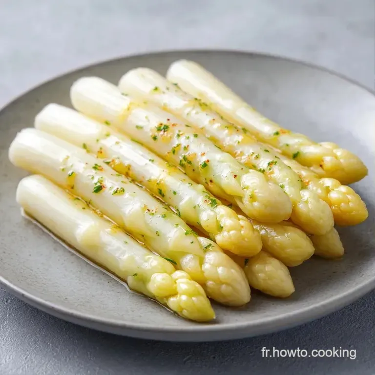 Asperges blanc cr&egrave;me align&eacute;es avec soin, napp&eacute;es d'une sauce onctueuse et d&eacute;cor&eacute;es de jeunes pousses vert tendre.