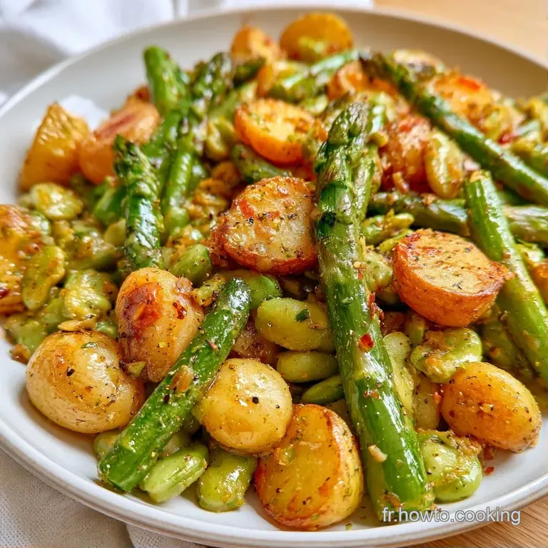 Asperges vertes align&eacute;es avec pr&eacute;cision sur une assiette, d&eacute;cor&eacute;es de petits &eacute;clats color&eacute;s et d'un filet d'huile dor&eacute;.