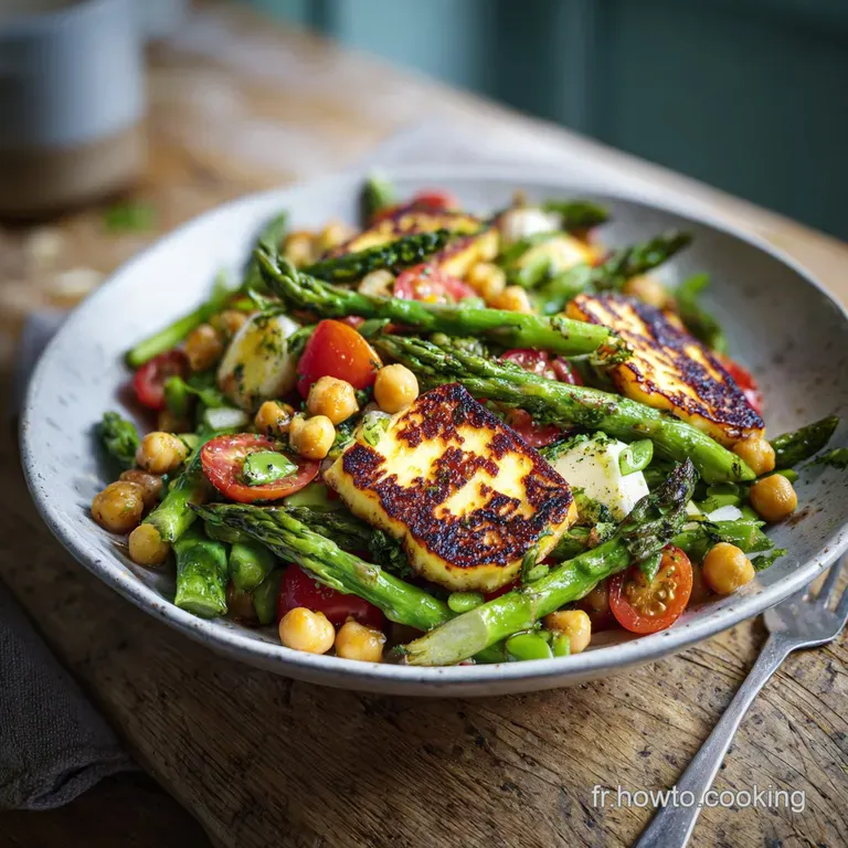 A beautifully plated salad featuring crisp asparagus, plump chickpeas, and seared halloumi with fresh herbs.