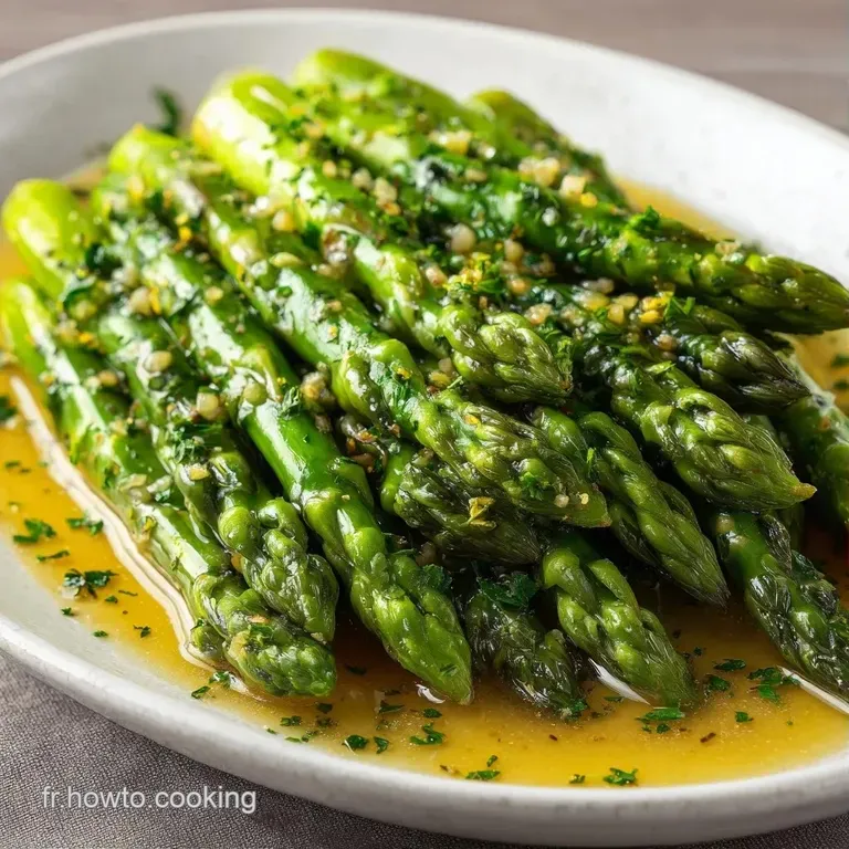 Asperges d'un vert vif dispos&eacute;es avec soin dans une assiette blanche, agr&eacute;ment&eacute;es de copeaux de fromage fondants.