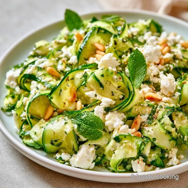 Dressage raffin&eacute; de fines lamelles de courgettes croquantes et de feta &eacute;miett&eacute;e, sublim&eacute; par un filet d'huile d'olive.