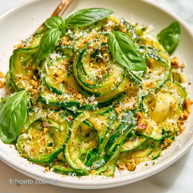 Fines lamelles de courgettes vert tendre dispos&eacute;es en spirale sur assiette blanche, napp&eacute;es d'un filet d'huile brillante.