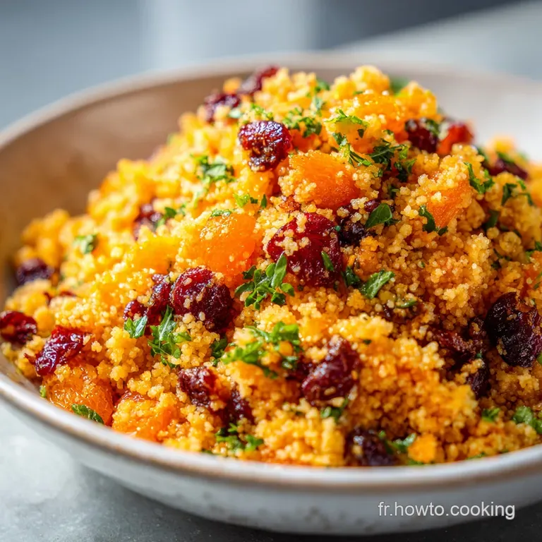 A neat mound of fluffy couscous topped with glistening cranberries and orange zest, elegantly plated.