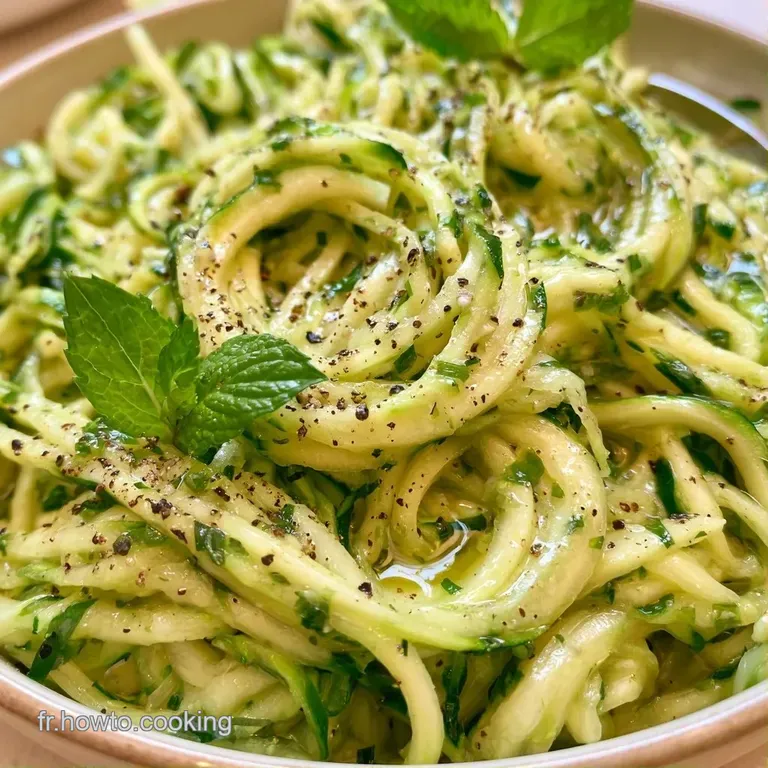 Courgettes r&acirc;p&eacute;es vert vif dispos&eacute;es en d&ocirc;me sur une assiette blanche, d&eacute;cor&eacute;es de feuilles de menthe et d'huile d'olive.