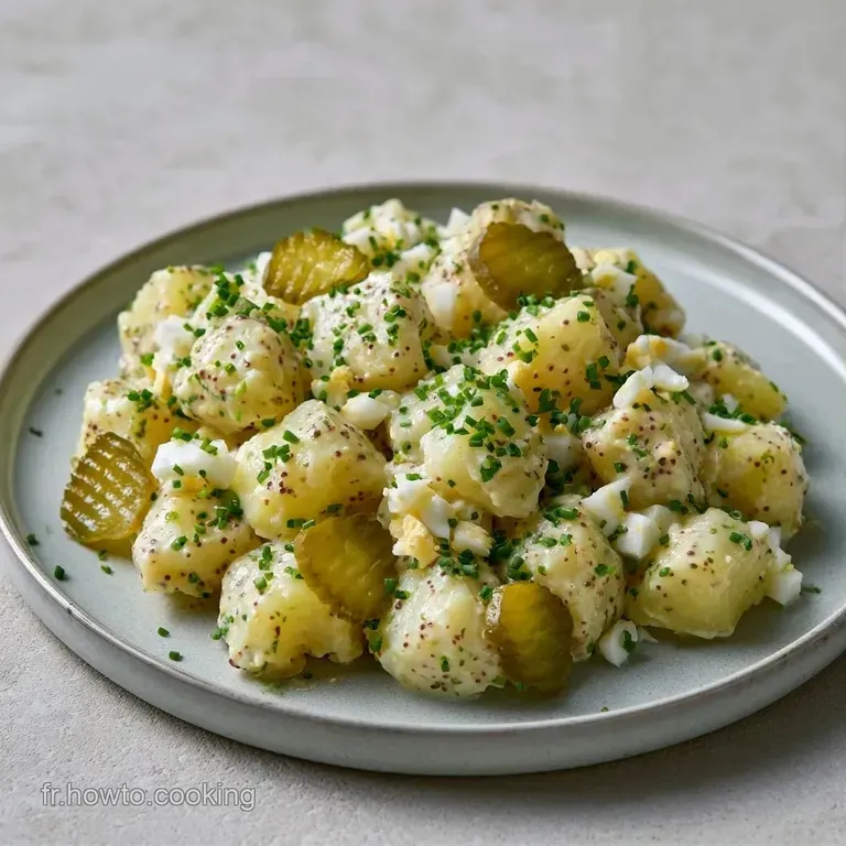 Disposition soign&eacute;e de cubes de pommes de terre cr&eacute;meux et brillants, agr&eacute;ment&eacute;s de fines herbes sur une assiette claire.