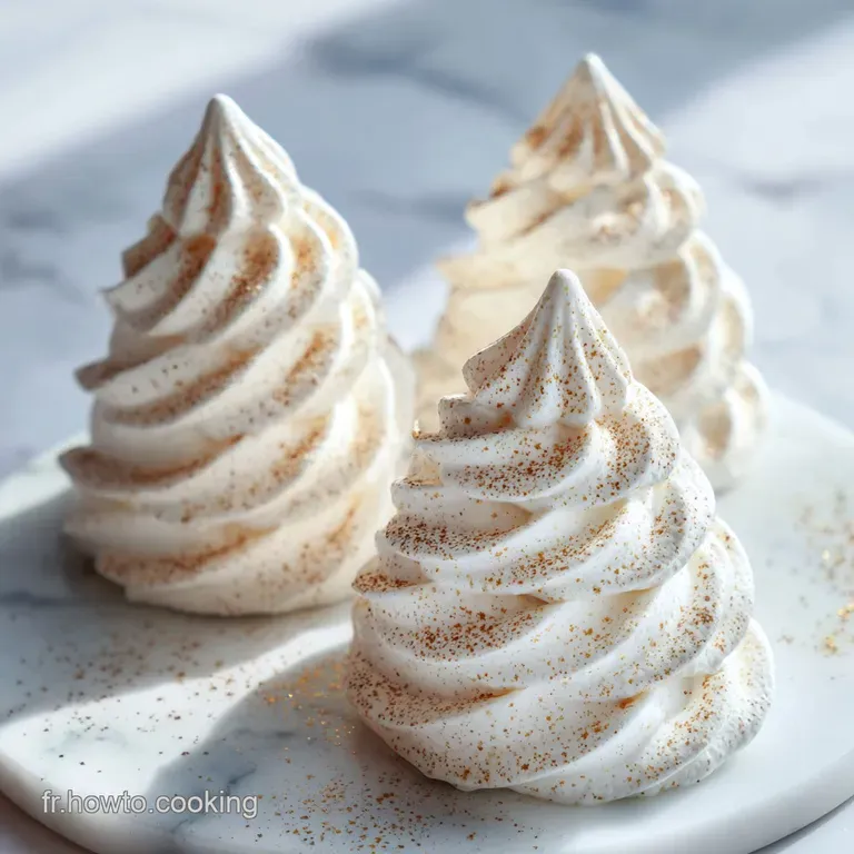 A delicate arrangement of star-tipped meringue trees, dusted with white sugar, on a dark surface.