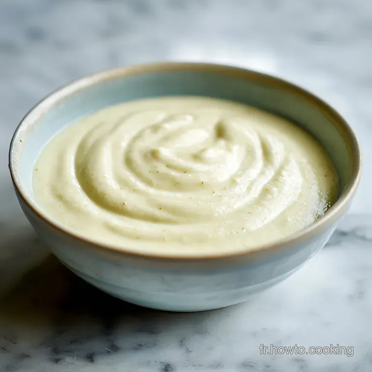 Elegant white sauce drizzled artfully over vibrant green asparagus spears. The dish is simple, fresh, and visually appealing.