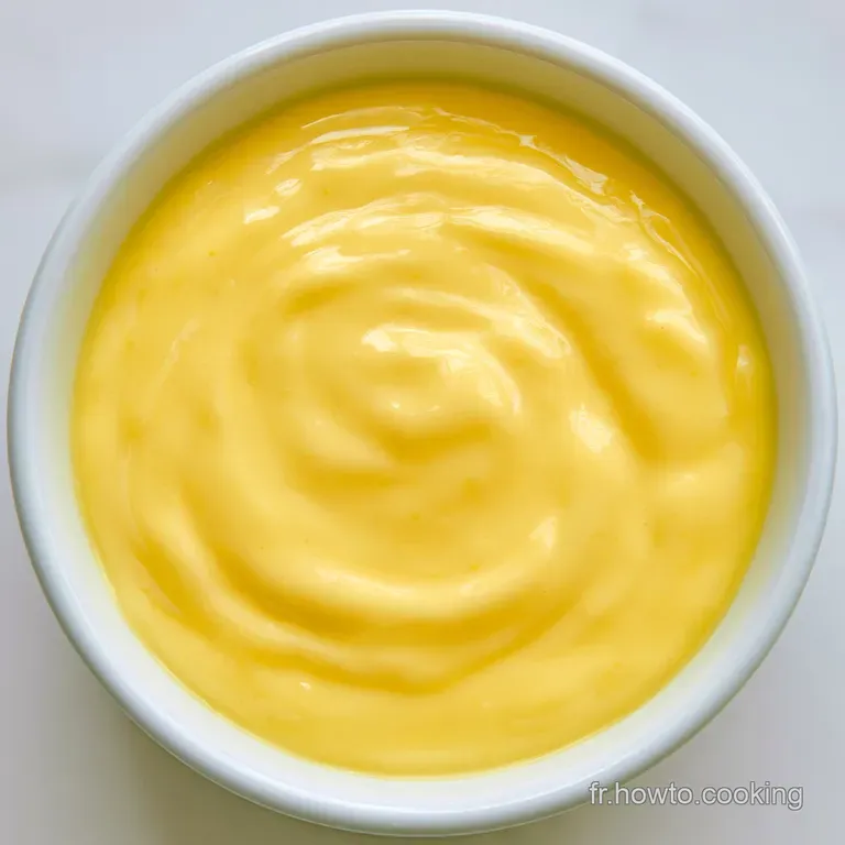 Sauce jaune brillante et velout&eacute;e nappant d&eacute;licatement des asperges vertes croquantes sur une assiette en c&eacute;ramique.
