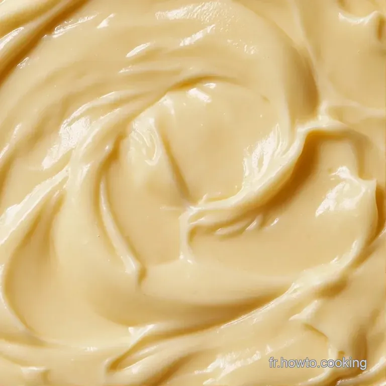 Nappe de sauce velout&eacute;e d'un jaune cr&egrave;me, d&eacute;pos&eacute;e d&eacute;licatement avec un aspect mousseux et brillant sur une assiette.