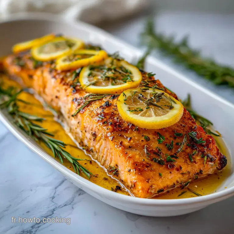 Perfectly cooked salmon fillet with a golden crust, drizzled with sauce, served atop vibrant green asparagus spears on a w...