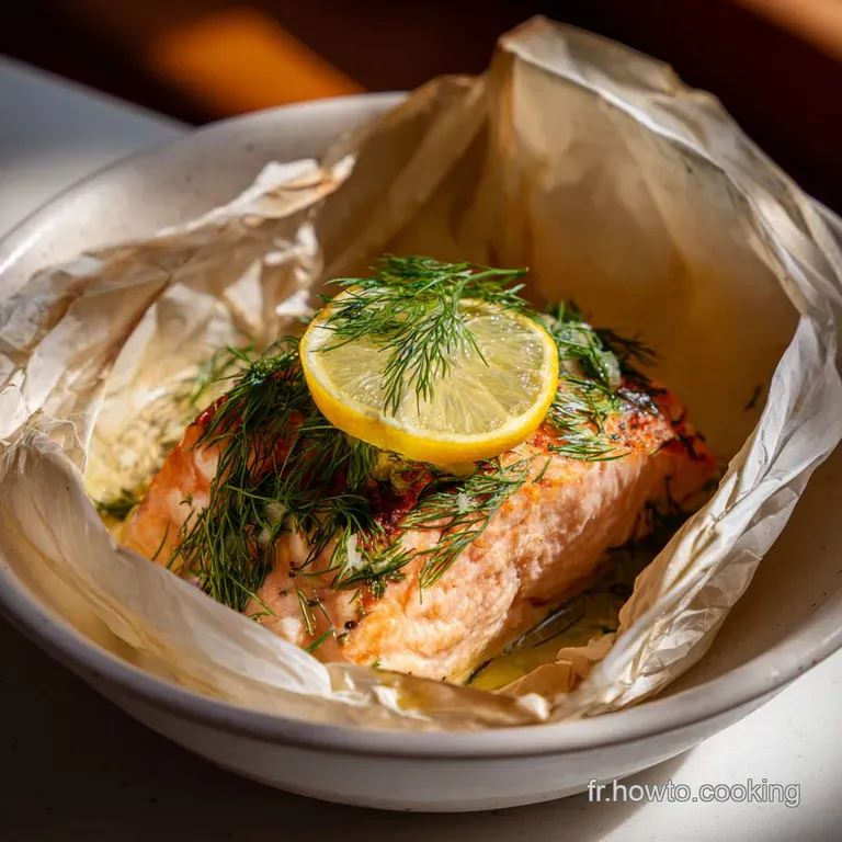 Flaky salmon fillet with bright lemon slices, sitting on dill sprigs atop white plate. Soft lighting accentuates texture.