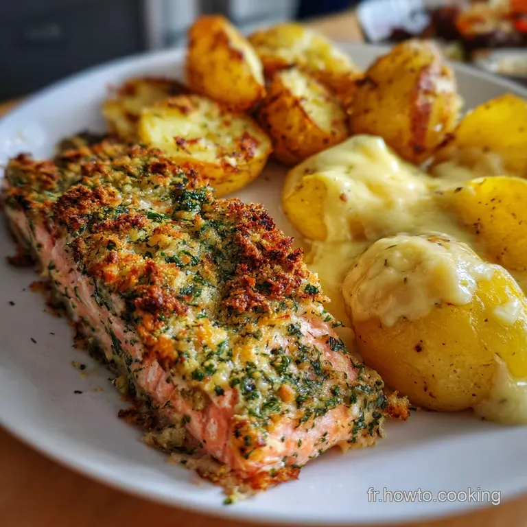 Saumon Pommes De Terre R&ocirc;ti Et Gratin Cr&eacute;meux presentation