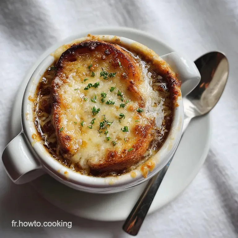 Elegant ramekin of French onion soup: Gruy&egrave;re cheese cascades down the side, browned to perfection, atop golden-brown crou...