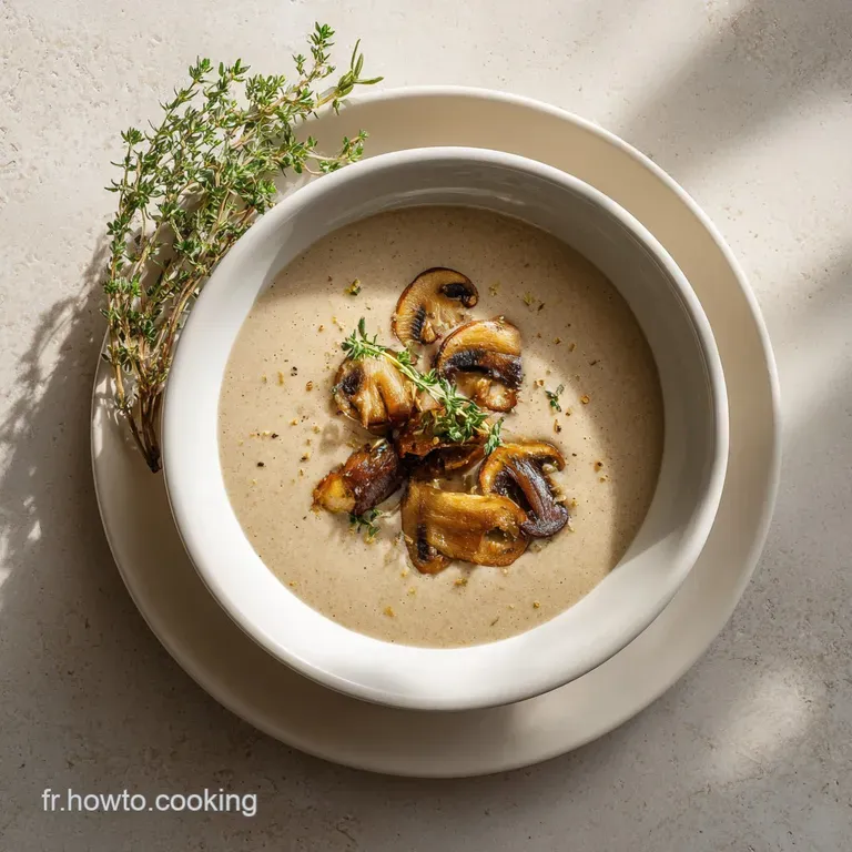 Elegant white bowl filled with velvety mushroom soup, garnished with fresh parsley and a drizzle of olive oil on a linen t...